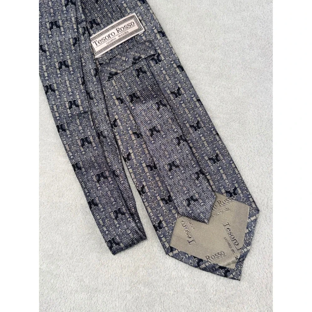 Tesoro Rosso Mens‎ Silk Tie Grey Navy Blue Geometric Butterfly Hand Made Korea
